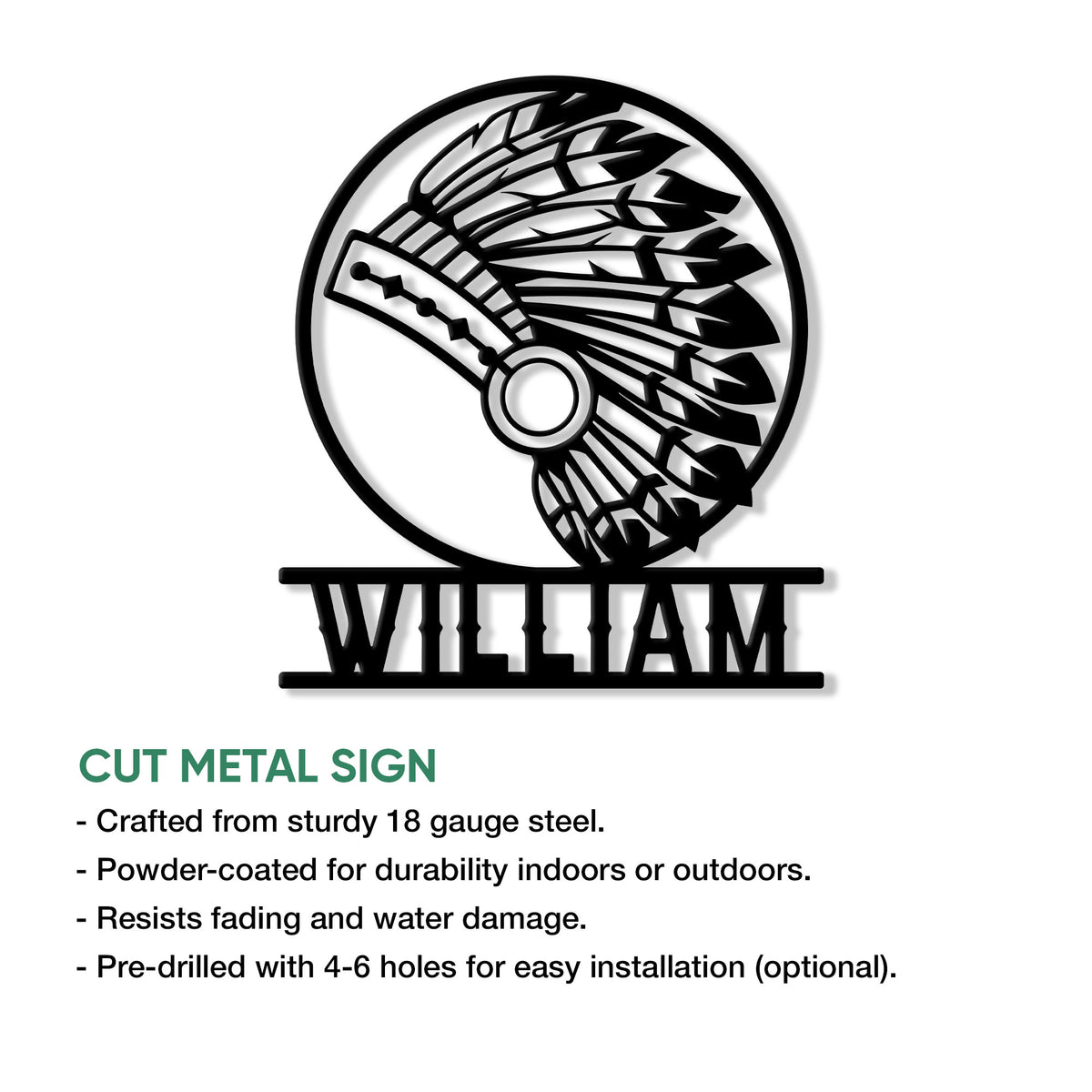 Native American headdress cut metal sign shown with an infographic highlighting its design and presentation