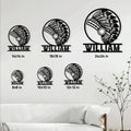 Native American headdress metal sign displayed in multiple size options on a living room wall