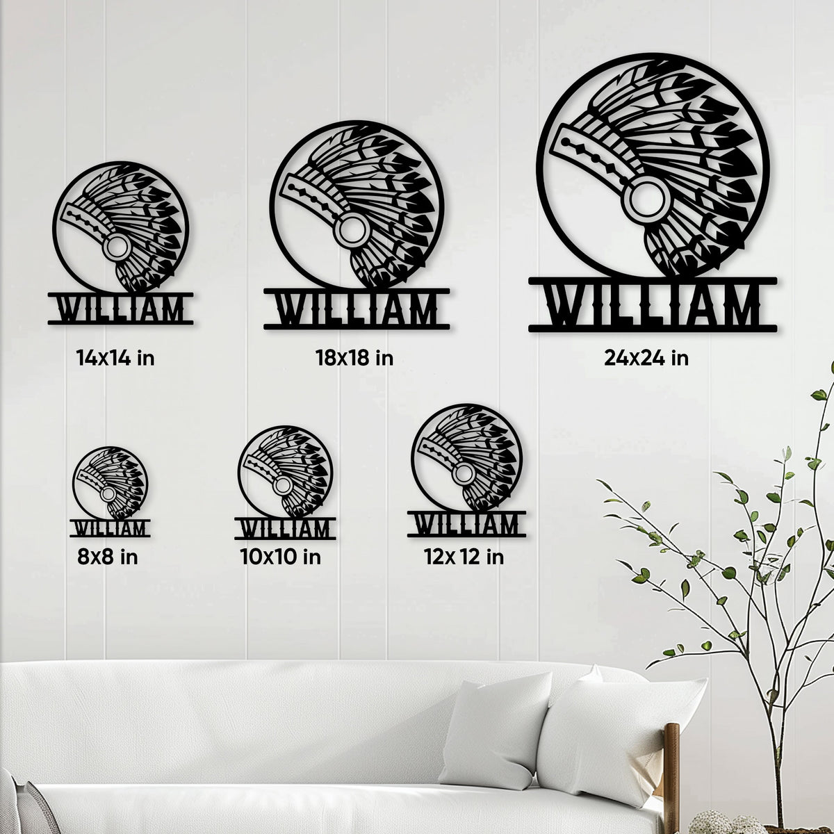 Native American headdress metal sign displayed in multiple size options on a living room wall