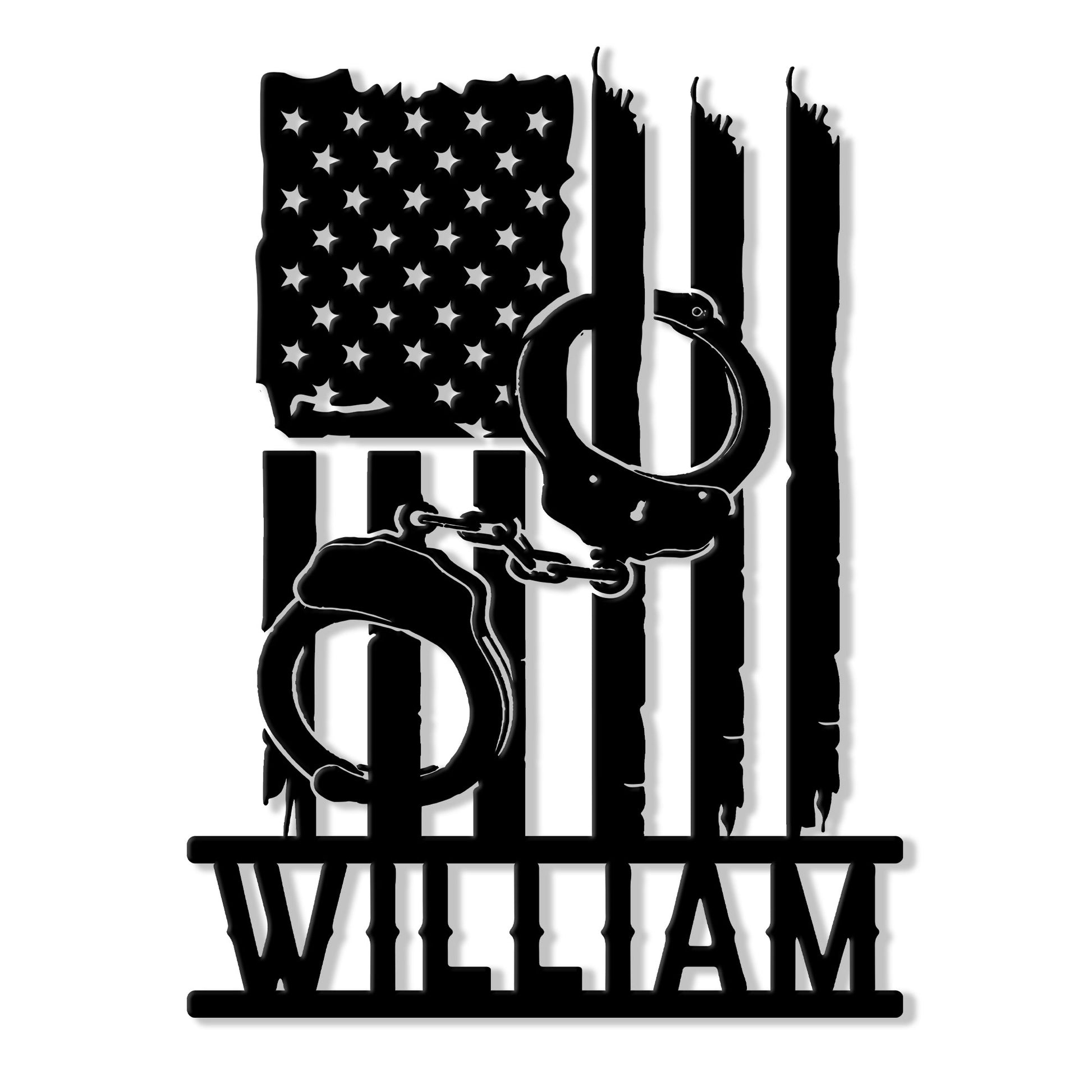 Police K9 metal sign featuring a working dog, handcuffs, American flag motif, and bold vertical design