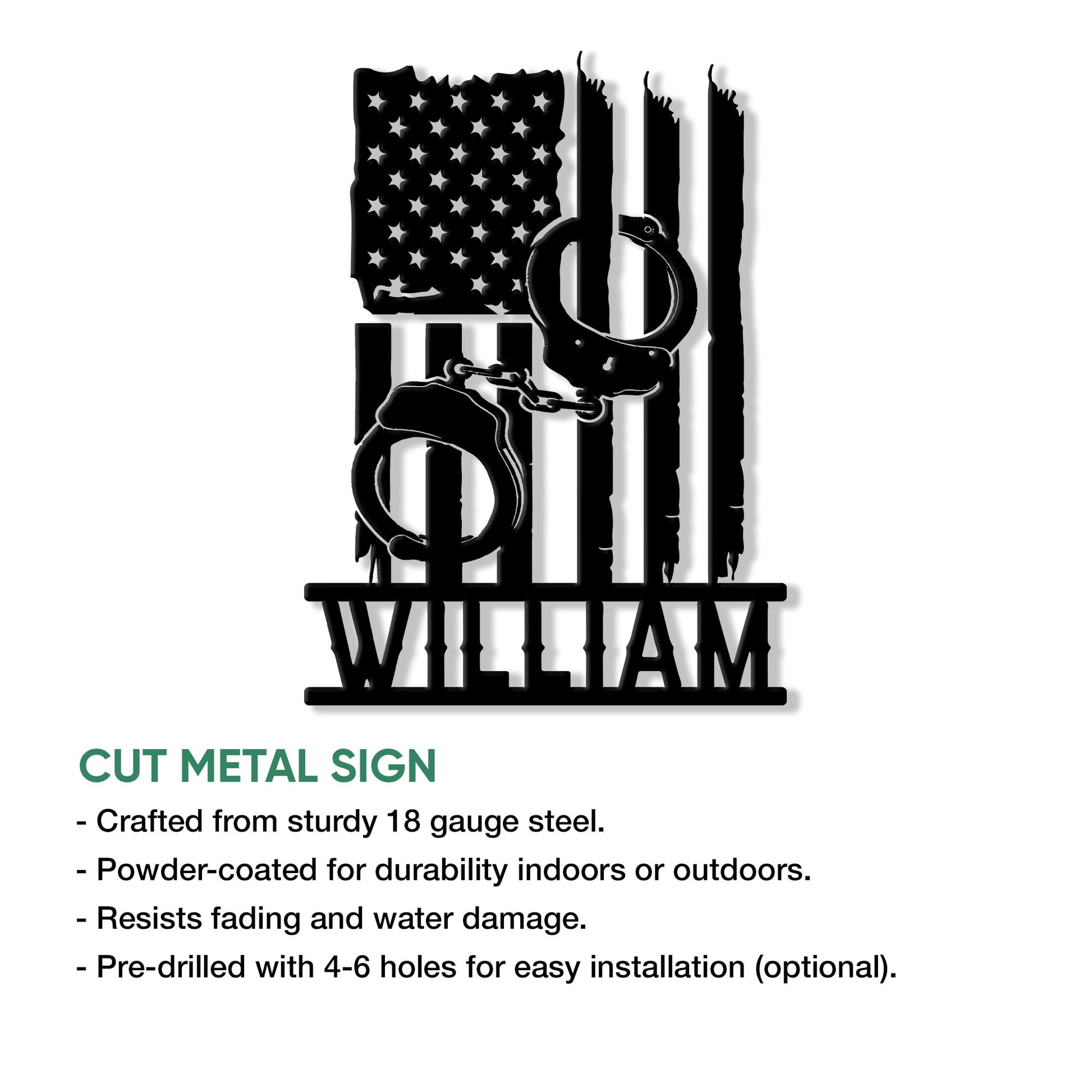 Cut metal police K9 sign shown with product feature information and a bold law enforcement design