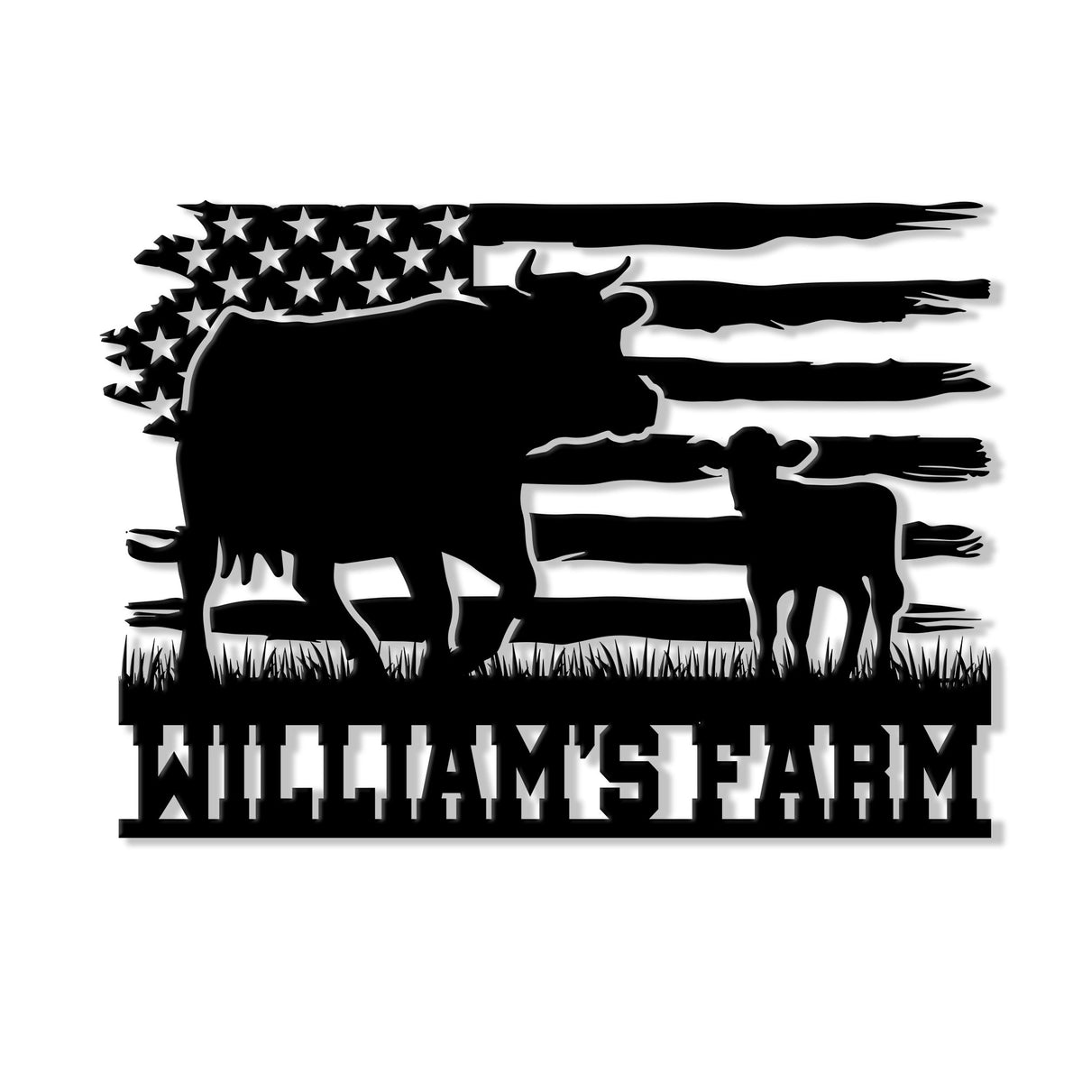Cow and calf silhouette metal sign with a distressed American flag and rustic farm design