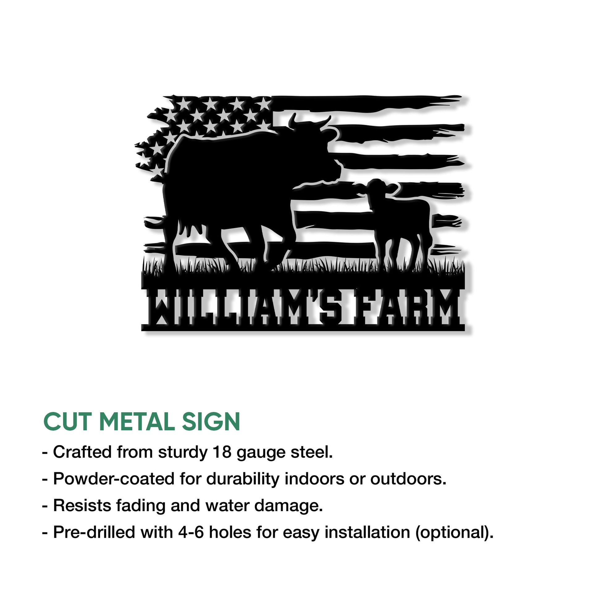 Cow and calf American flag metal sign shown in a product feature presentation