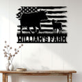 Rustic cow farm metal sign displayed on a white farmhouse wall above a console table