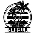 Flamingo metal sign featuring two flamingos, palm trees, sunset stripes, and a circular tropical silhouette
