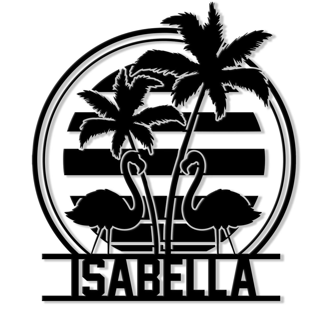 Flamingo metal sign featuring two flamingos, palm trees, sunset stripes, and a circular tropical silhouette