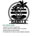 Flamingo cut metal sign shown with a bold tropical silhouette design and outlined palm trees