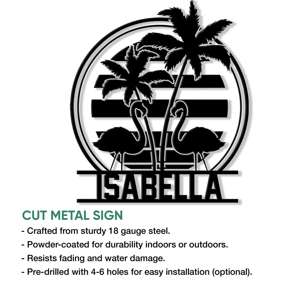Flamingo cut metal sign shown with a bold tropical silhouette design and outlined palm trees