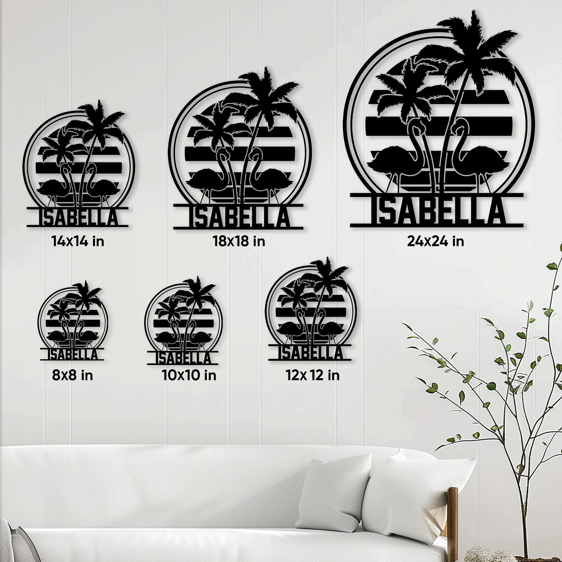 Flamingo metal sign size guide showing 8, 10, 12, 14, 18, and 24 inch square options