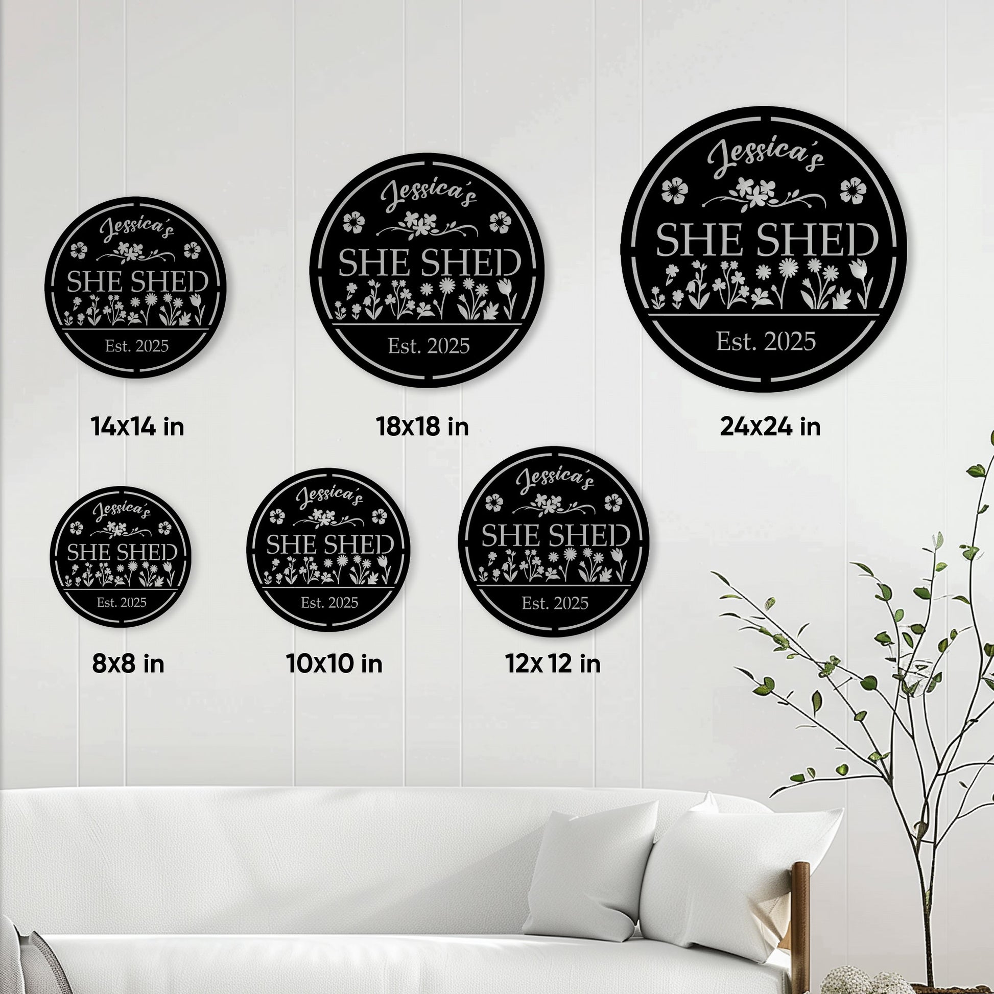 She Shed metal sign size guide showing six round size options from 8 by 8 to 24 by 24 inches