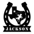 Texas metal sign featuring a rearing horse, horseshoe frame, Lone Star, and Western banner