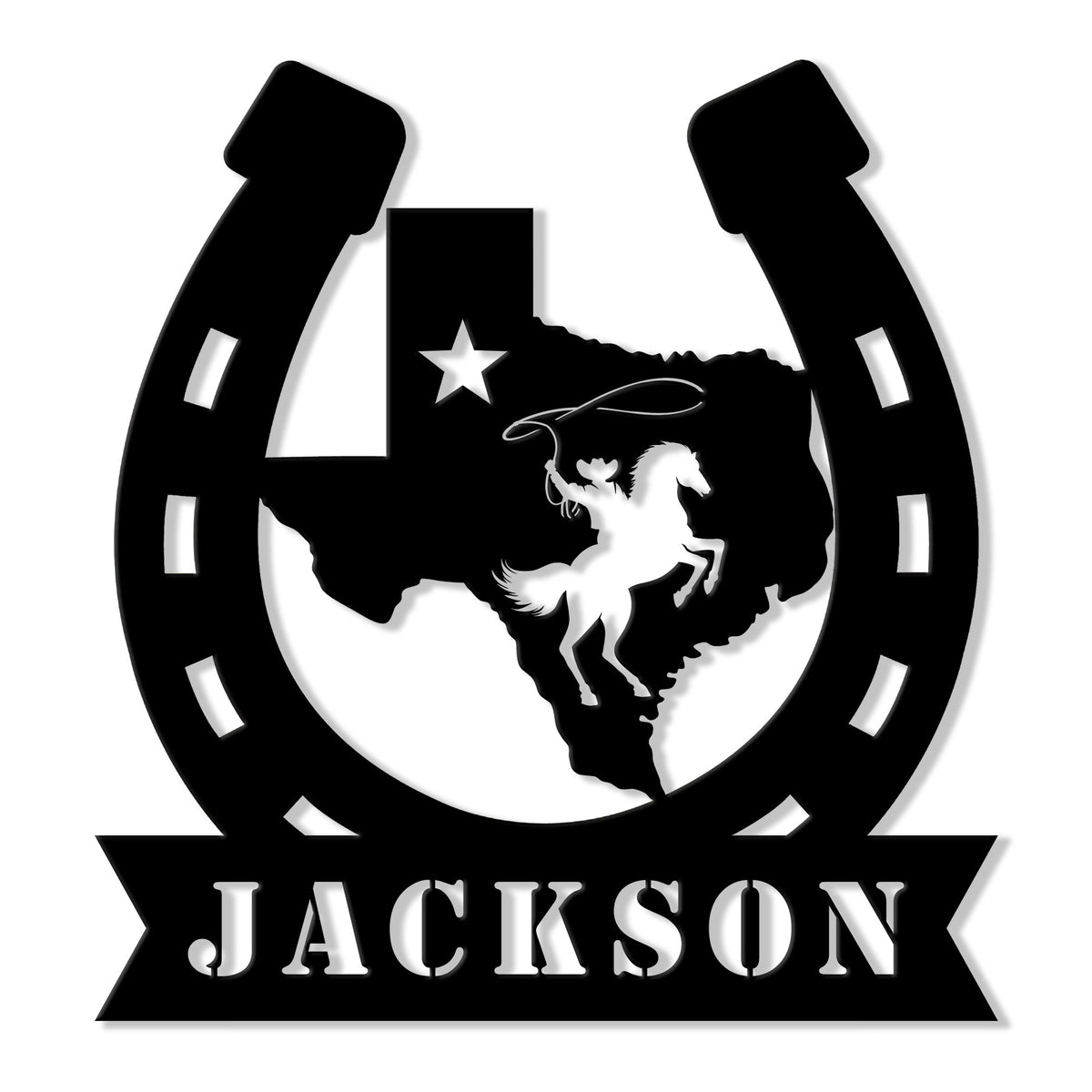 Texas metal sign featuring a rearing horse, horseshoe frame, Lone Star, and Western banner
