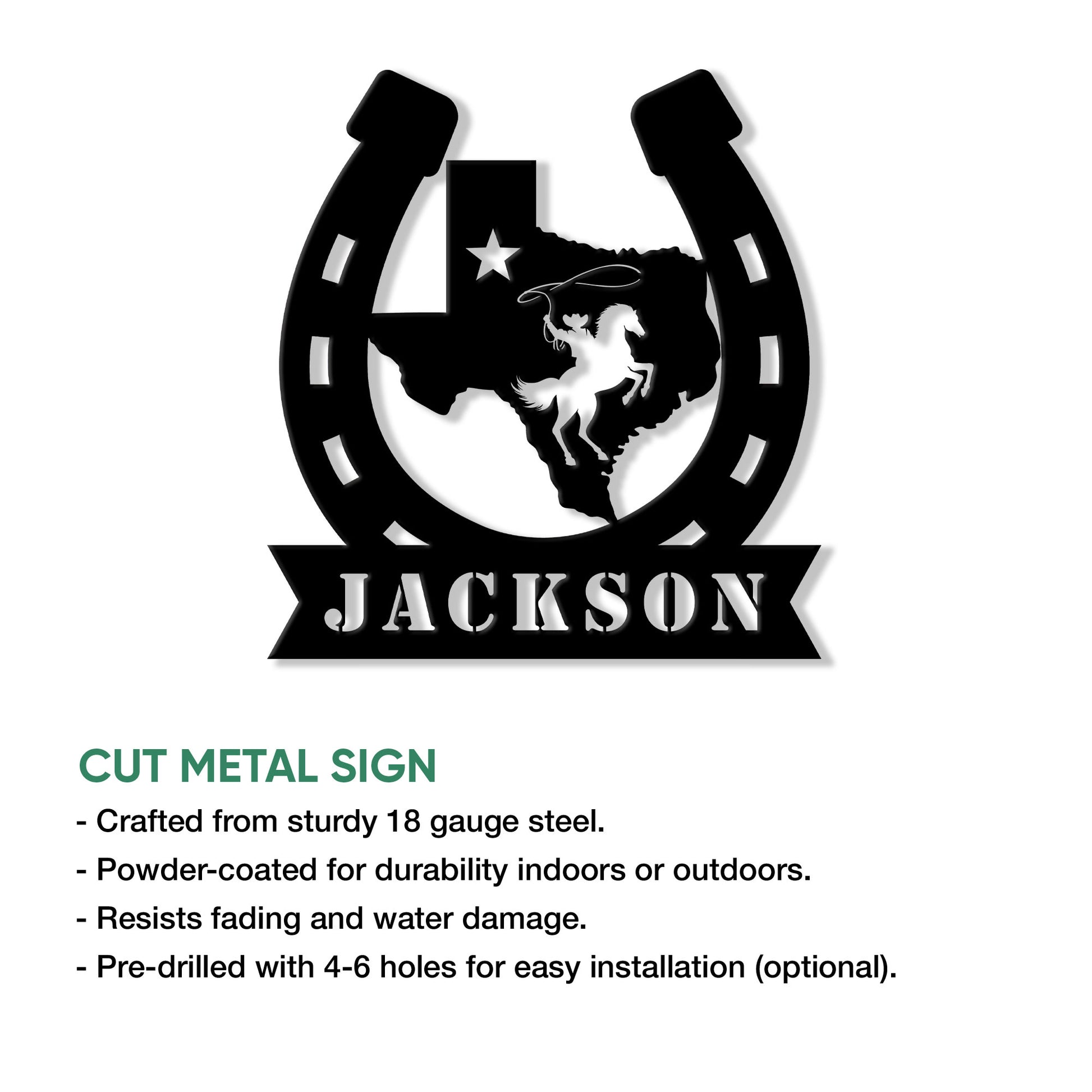 Texas horseshoe metal sign shown in a feature graphic with its bold Western artwork