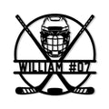 Custom hockey metal sign featuring a goalie mask, crossed hockey sticks, puck, and bold circular emblem