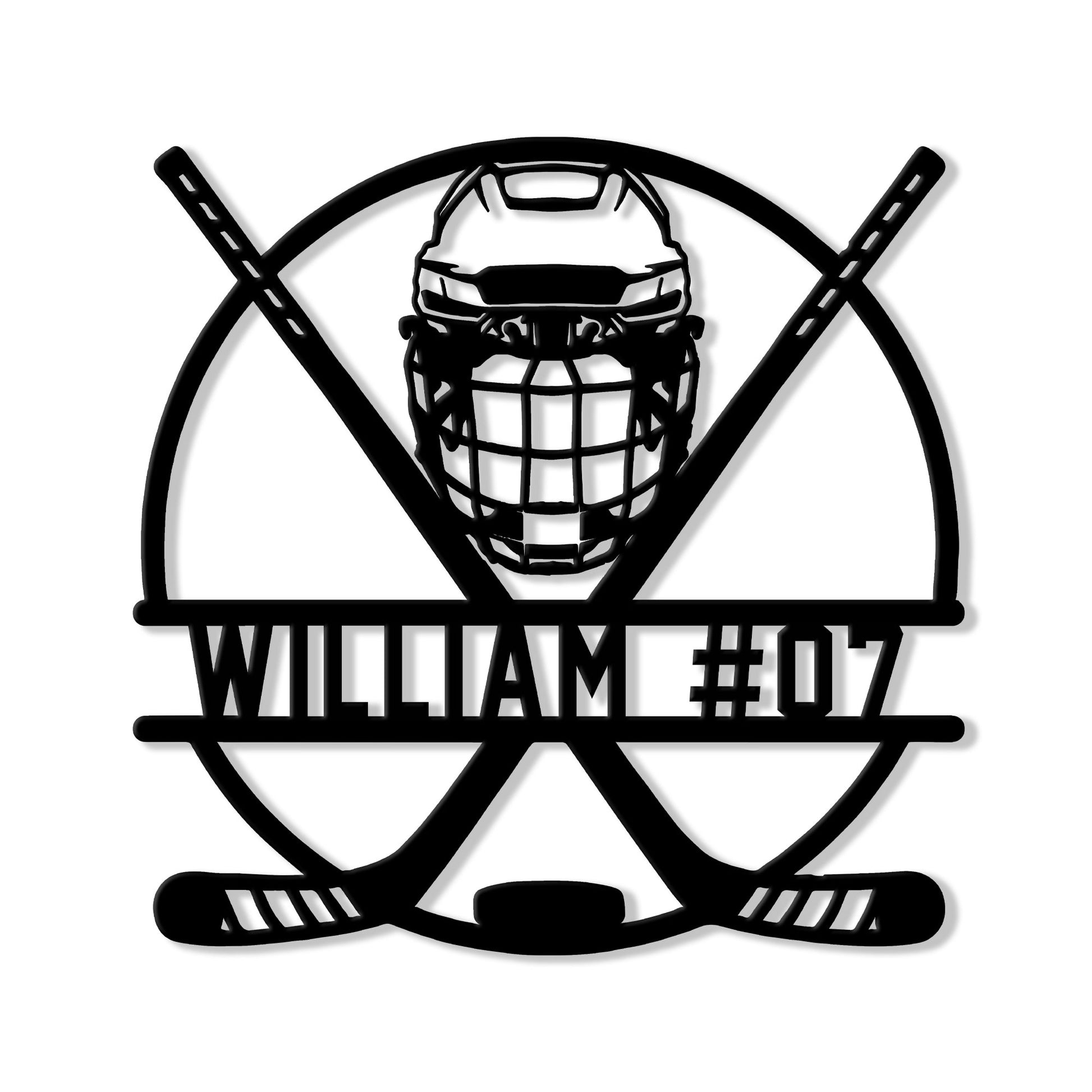 Custom hockey metal sign featuring a goalie mask, crossed hockey sticks, puck, and bold circular emblem