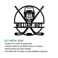 Hockey goalie metal sign shown with a cut-metal feature graphic and crossed sticks design