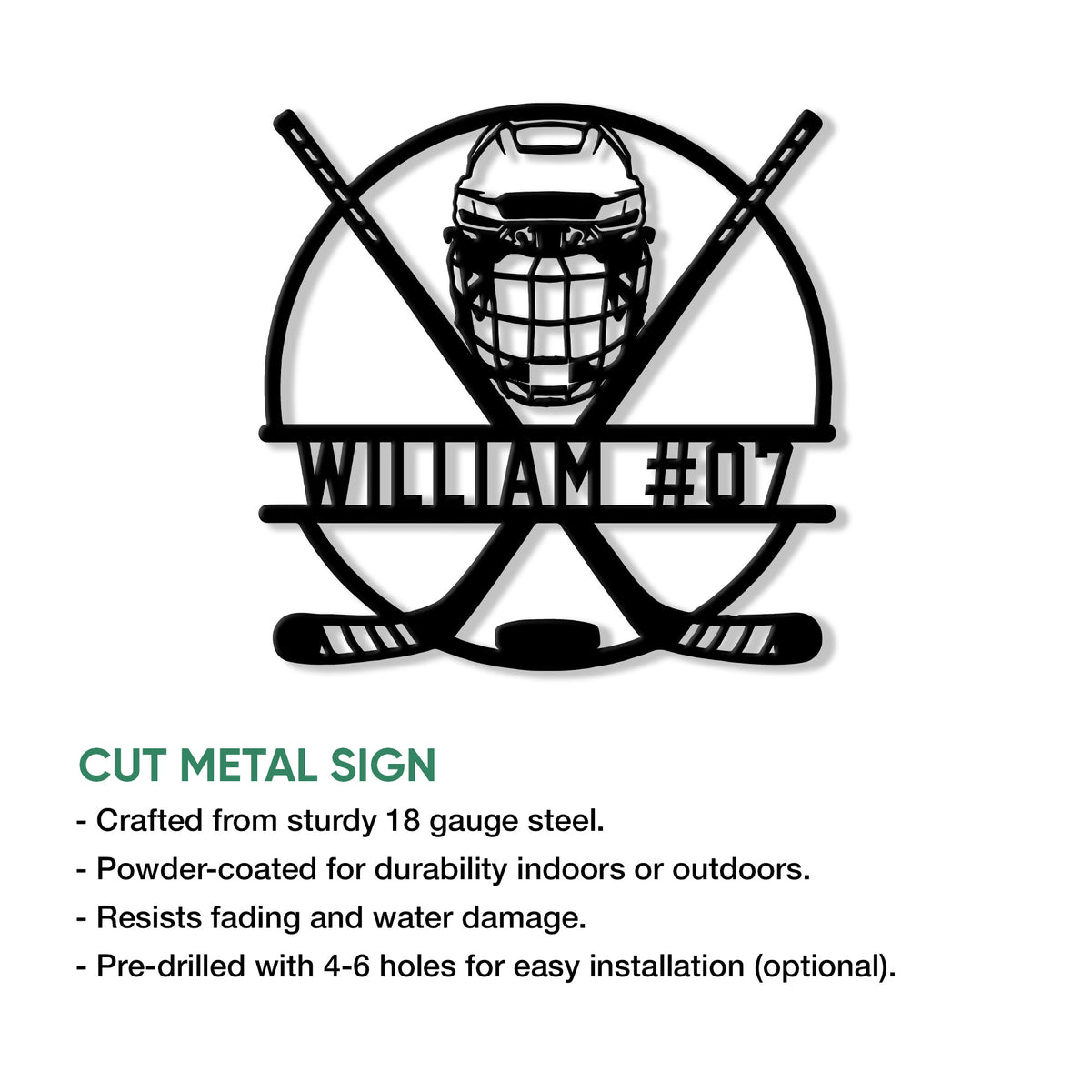 Hockey goalie metal sign shown with a cut-metal feature graphic and crossed sticks design