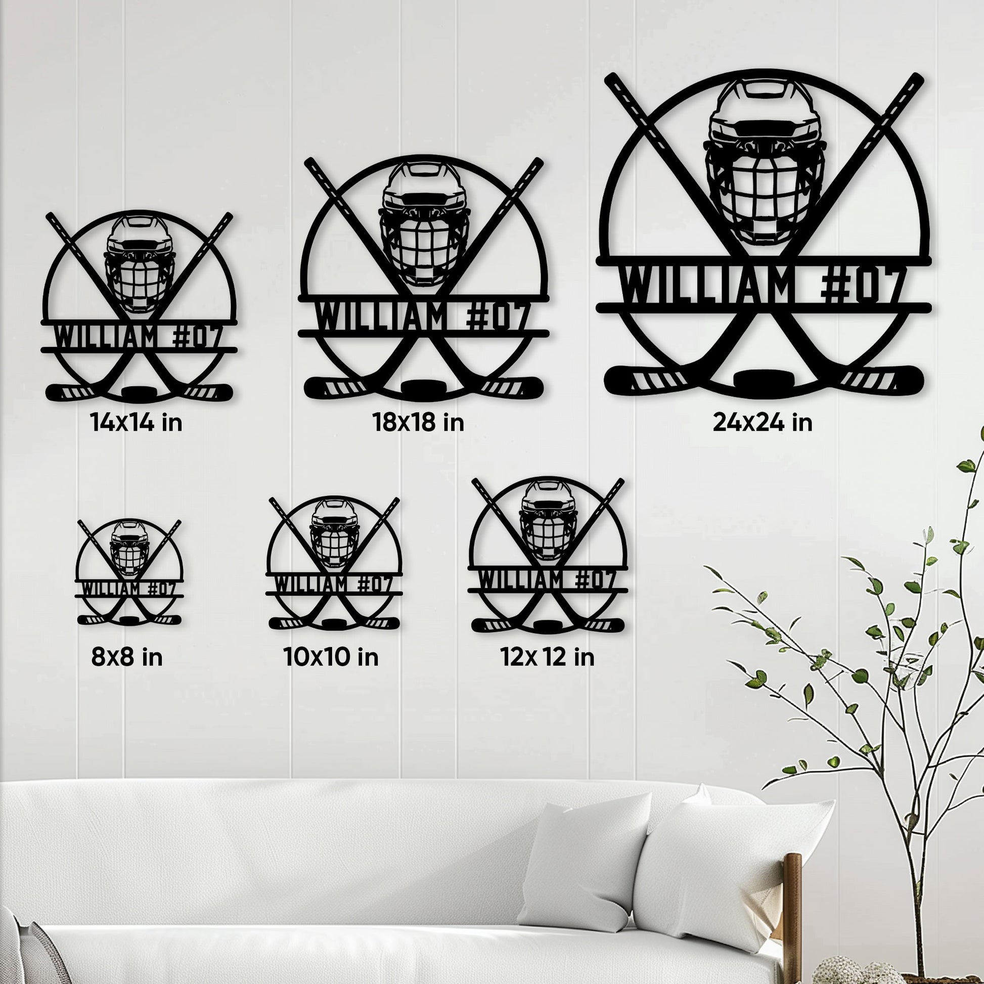 Hockey metal sign size guide showing available square sizes from 8x8 to 24x24 inches