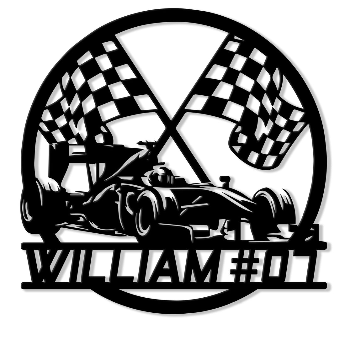 Custom racing metal sign featuring a detailed race car beneath crossed checkered flags