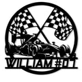 Custom racing metal sign featuring a detailed race car beneath crossed checkered flags