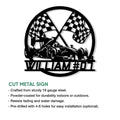Race car metal sign shown with a cut-metal design and bold checkered flag details