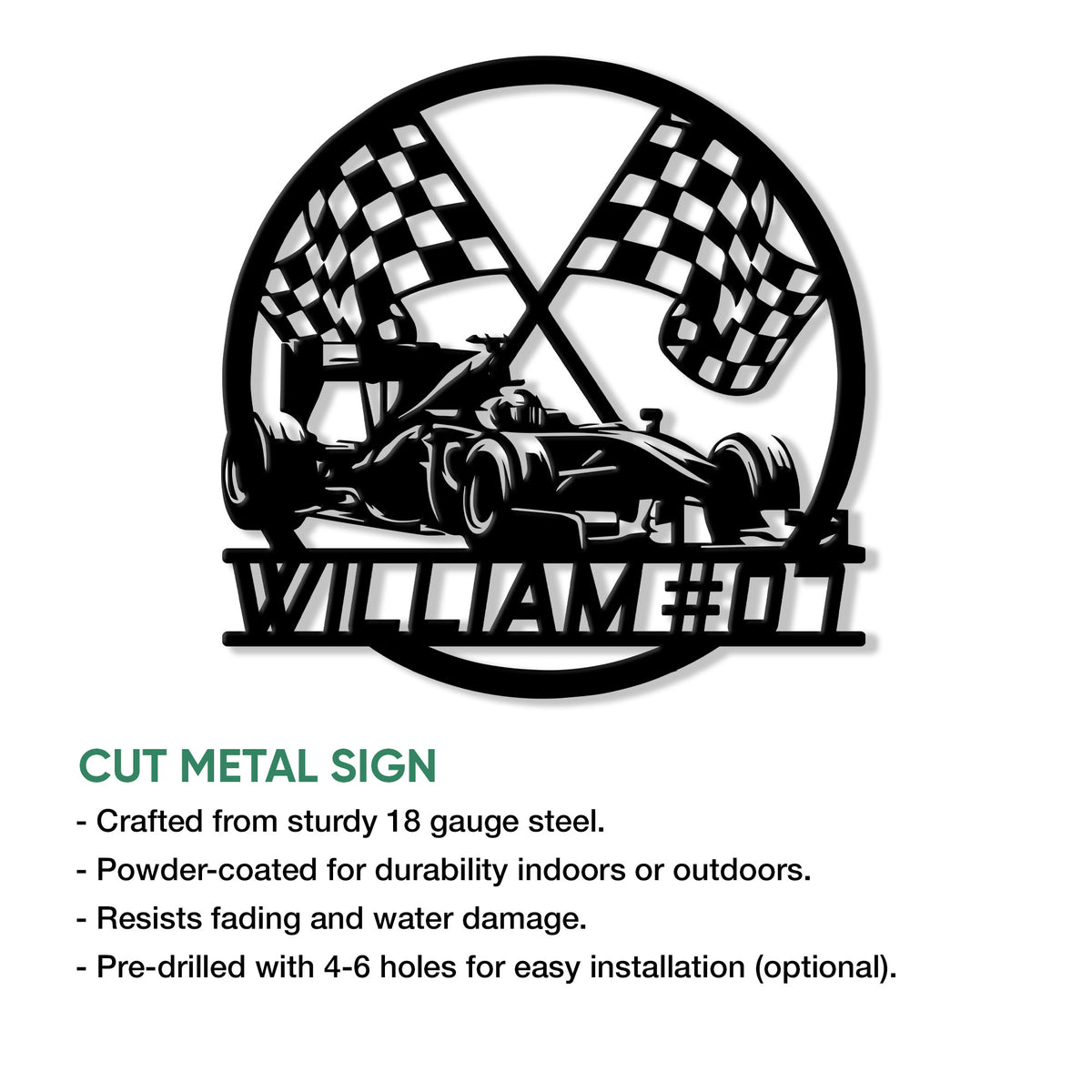 Race car metal sign shown with a cut-metal design and bold checkered flag details
