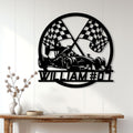 Racing wall decor displayed above a console table in a bright modern home