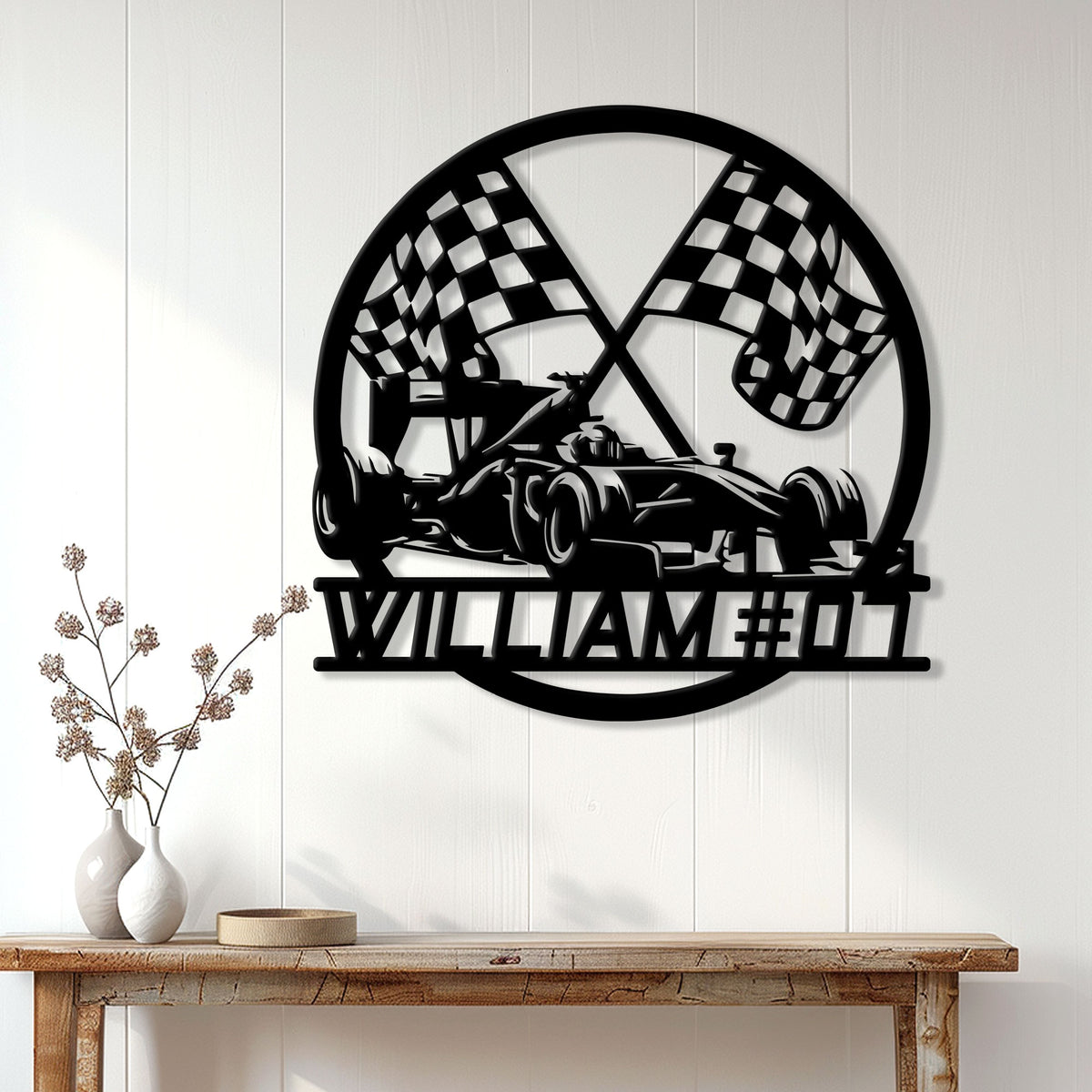 Racing wall decor displayed above a console table in a bright modern home