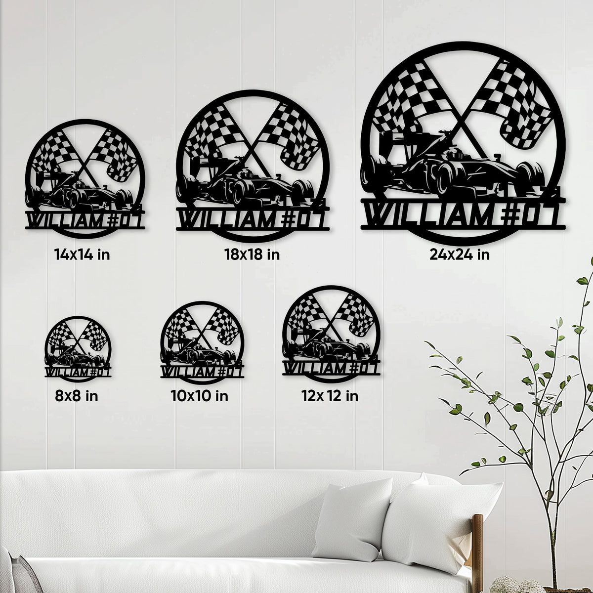 Race car metal sign size guide showing available square sizes from 8x8 to 24x24 inches