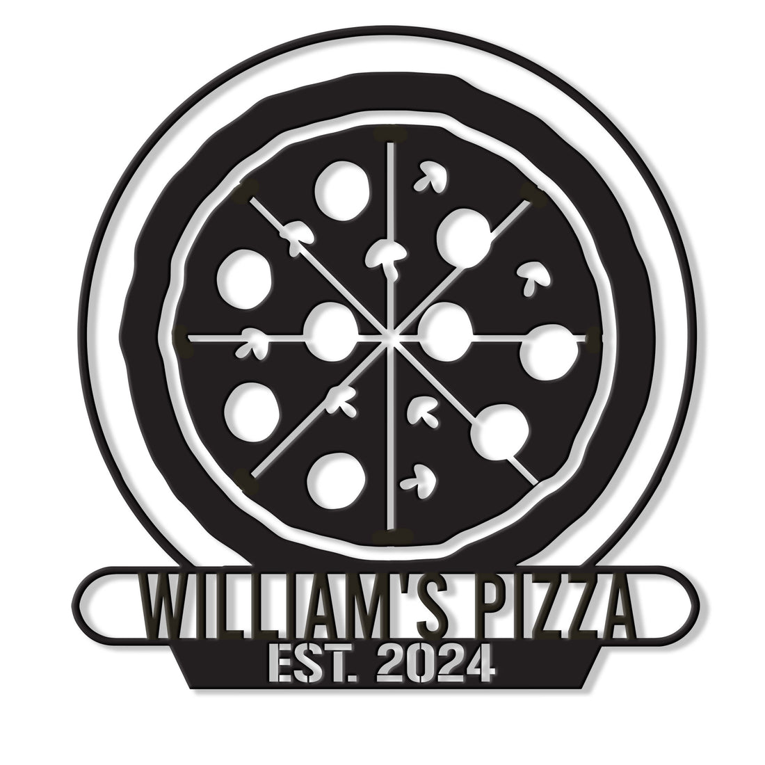 Custom pizza metal sign featuring a round pizza design with toppings, radial cuts, and a bold pizzeria banner