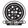 Custom pizza metal sign featuring a round pizza design with toppings, radial cuts, and a bold pizzeria banner