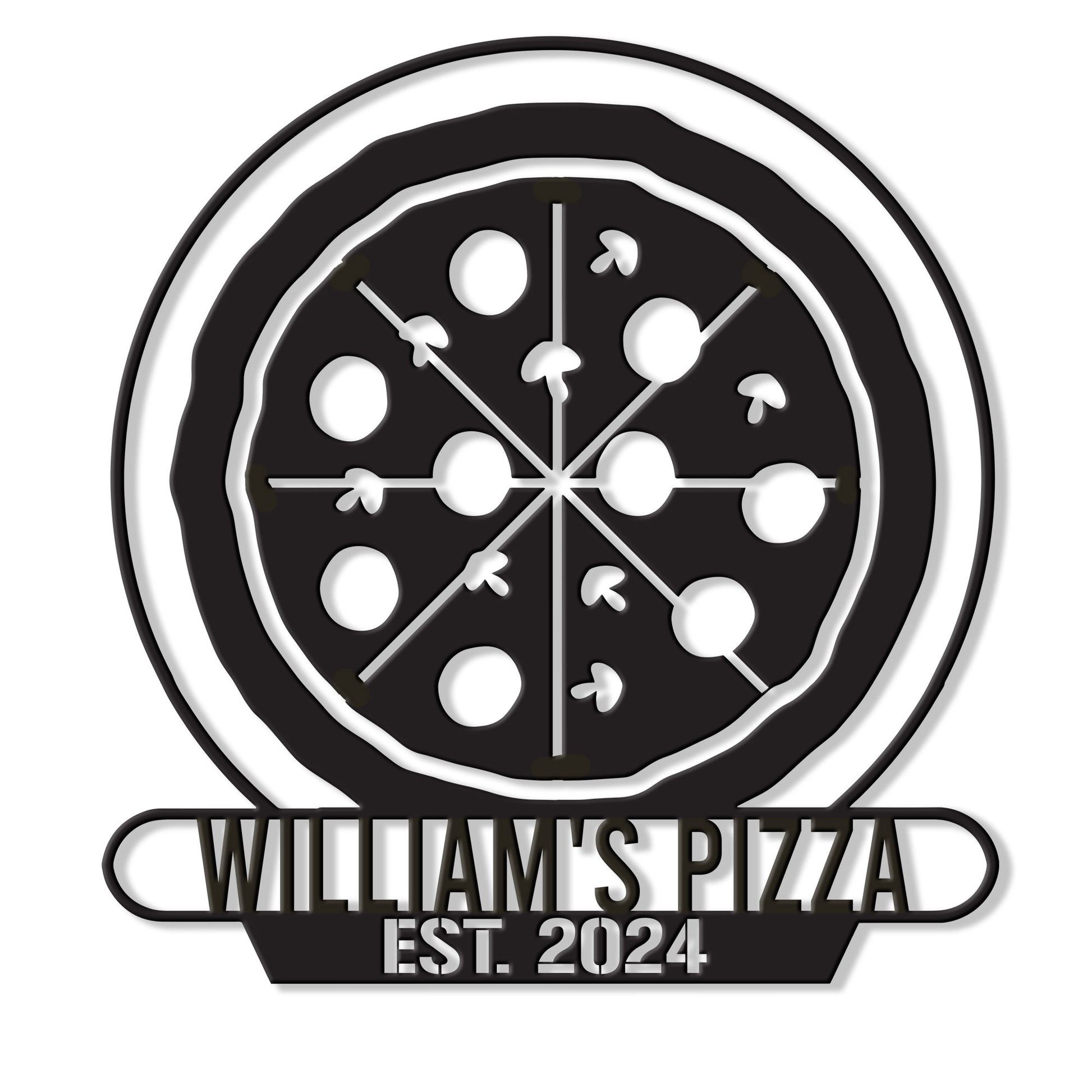 Custom pizza metal sign featuring a round pizza design with toppings, radial cuts, and a bold pizzeria banner