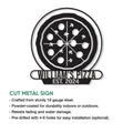 Pizza metal sign product feature graphic showing the cut steel design and indoor or outdoor display options