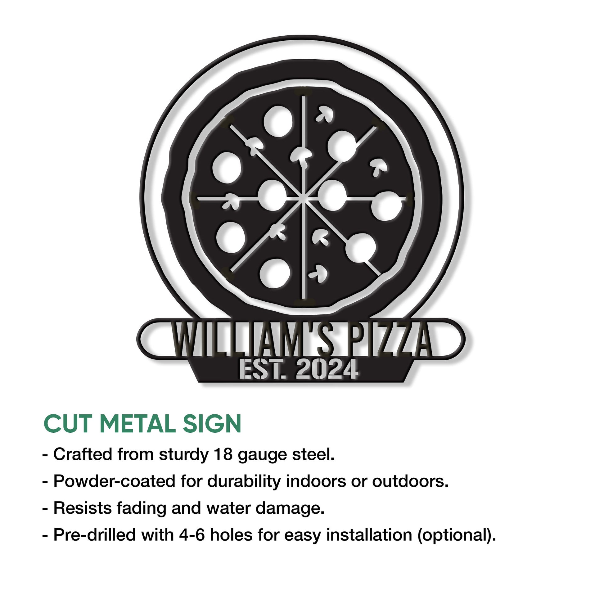 Pizza metal sign product feature graphic showing the cut steel design and indoor or outdoor display options