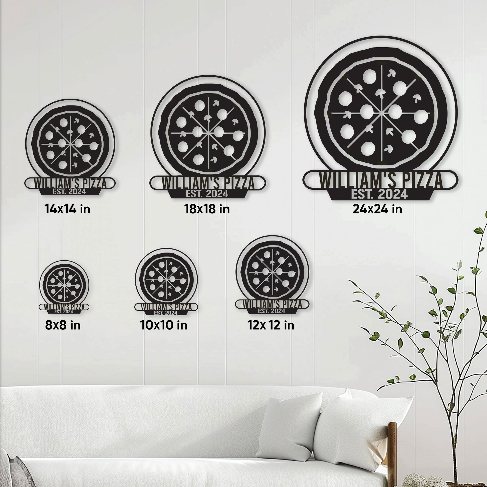 Pizza metal sign size guide showing multiple square size options from compact to large wall displays