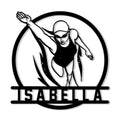 Black swimmer silhouette metal sign with a circular frame and bold base design