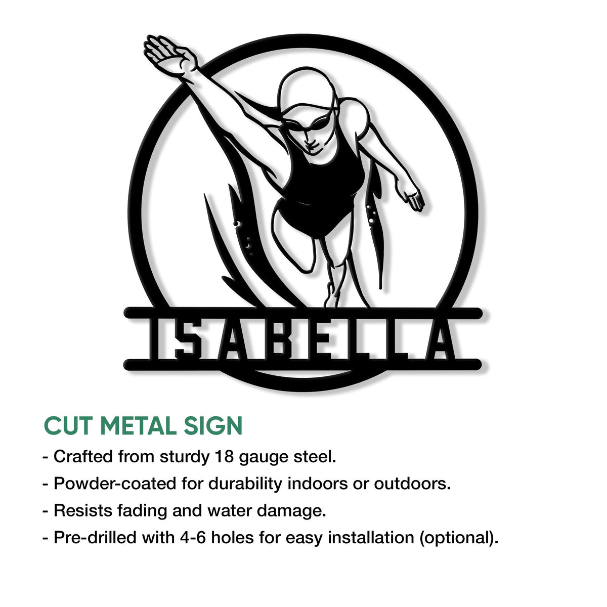 Swimming metal sign featuring a freestyle swimmer silhouette and cut metal sign details