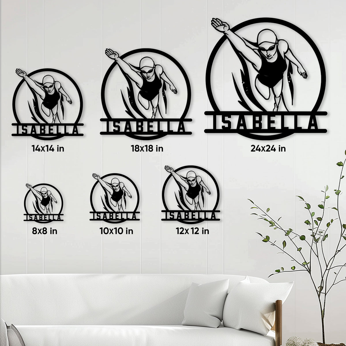 Swimming wall sign size guide showing six available square size options