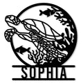 Sea turtle metal sign with an underwater scene of fish, coral, and aquatic plants