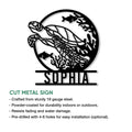 Sea turtle cut-metal sign shown with indoor and outdoor display features