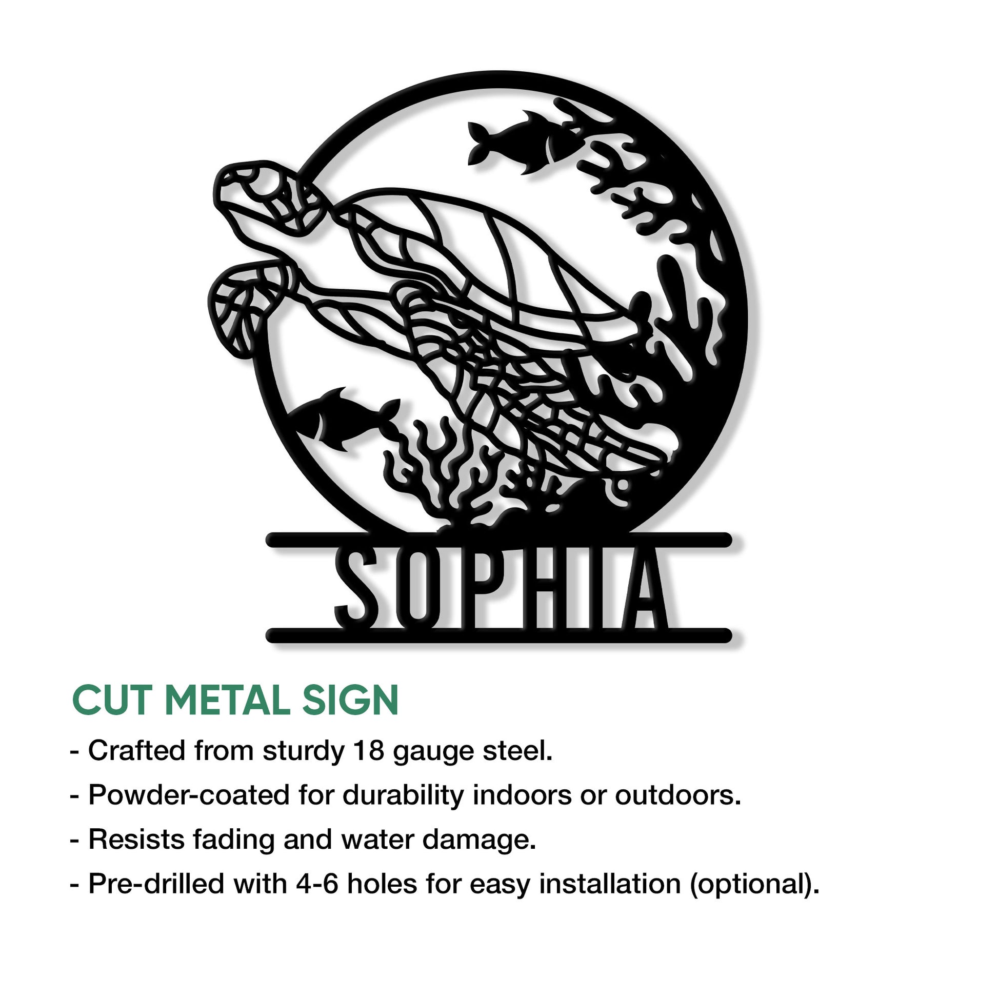 Sea turtle cut-metal sign shown with indoor and outdoor display features
