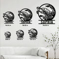 Sea turtle metal sign size guide showing multiple square size options on a living room wall