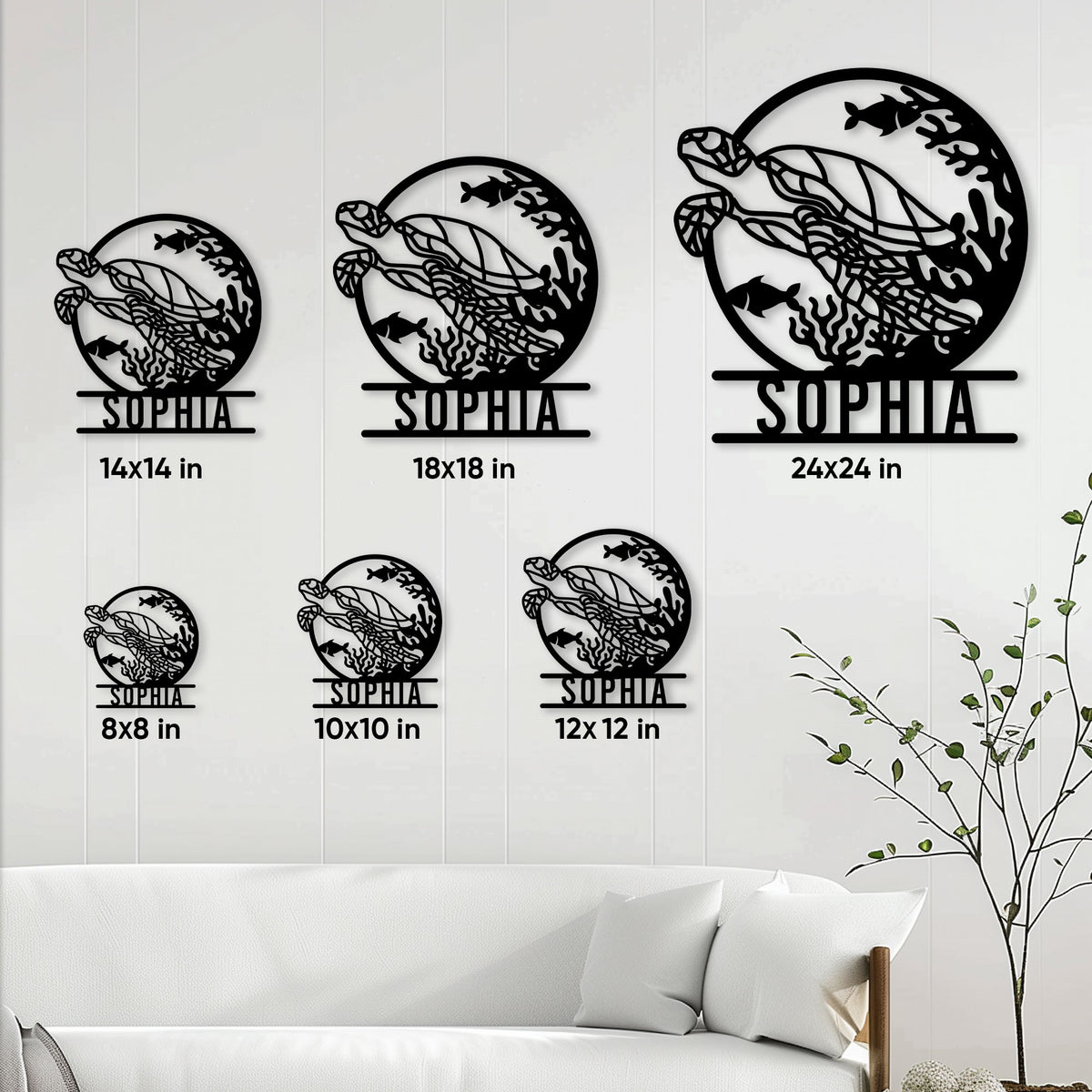 Sea turtle metal sign size guide showing multiple square size options on a living room wall