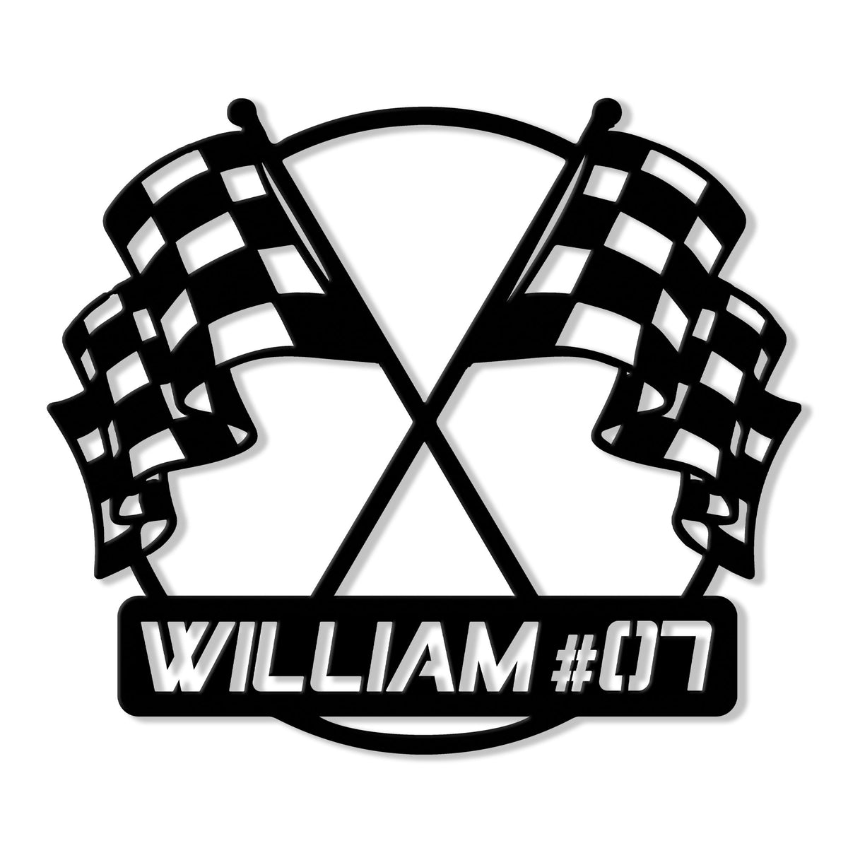 Custom racing metal sign featuring crossed checkered flags and a bold motorsport silhouette