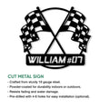 Close-up racing wall sign with crossed checkered flags and a personalized-style bottom banner