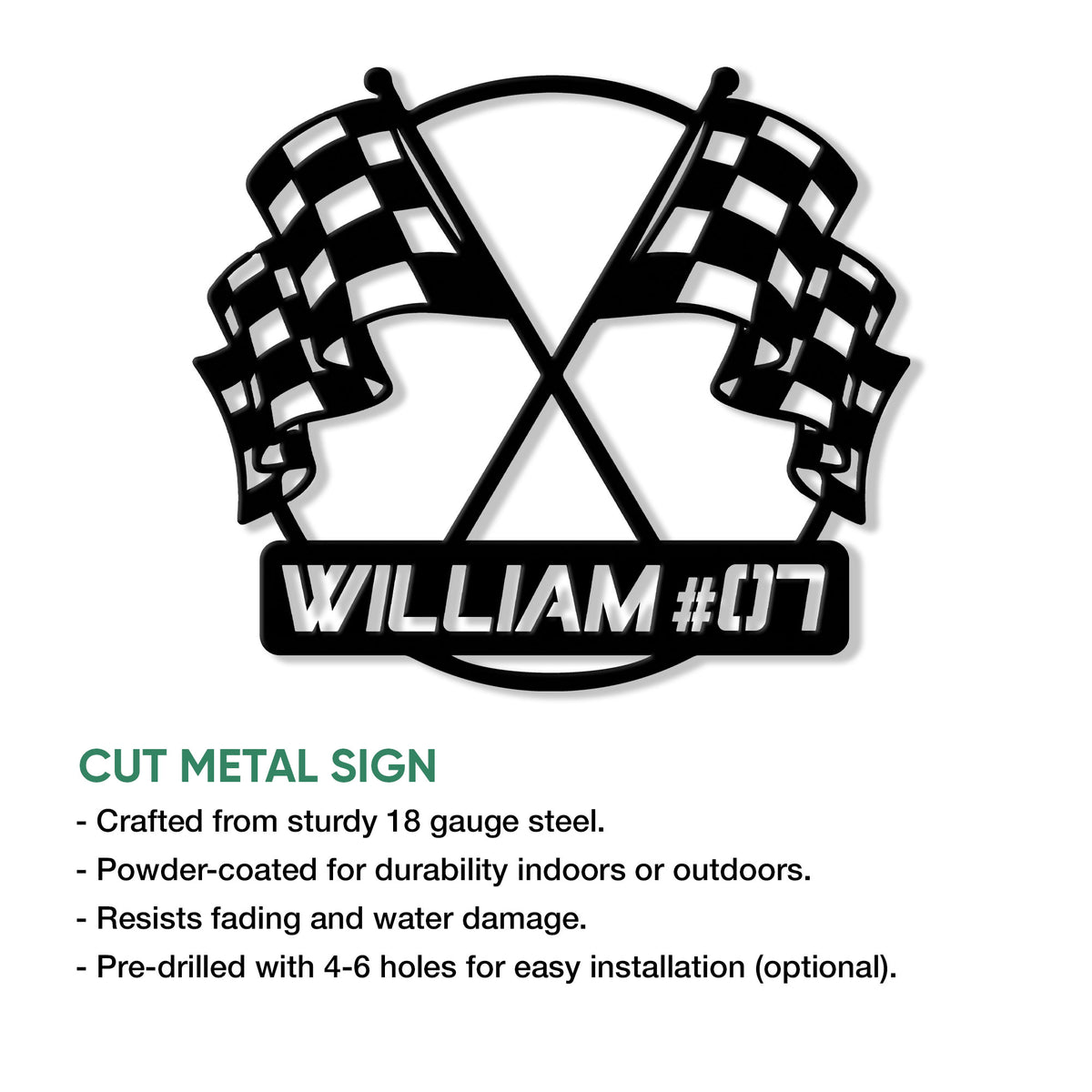 Close-up racing wall sign with crossed checkered flags and a personalized-style bottom banner