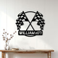 Racing metal sign displayed on a light paneled wall above a console table