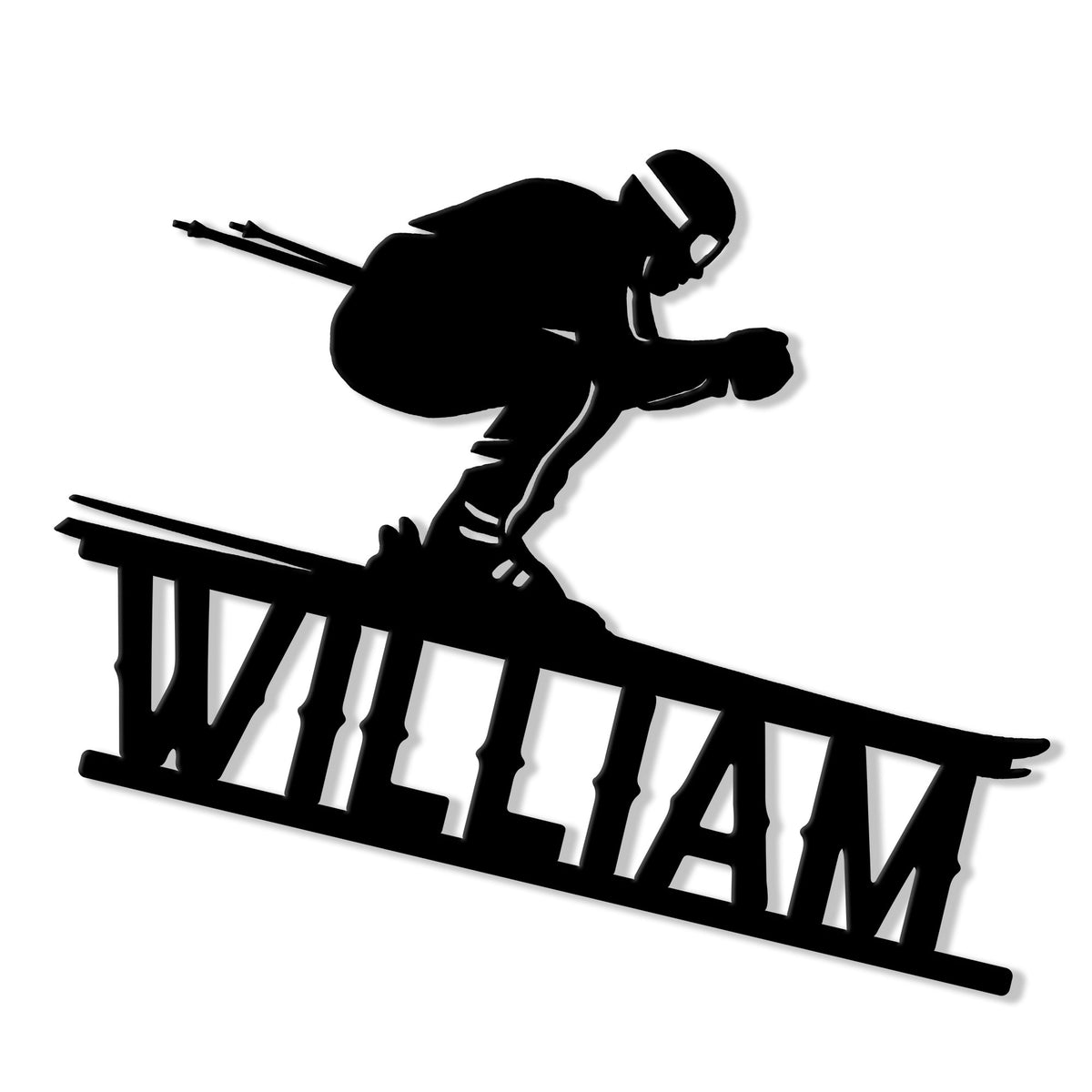Black metal skiing sign featuring a skier silhouette balancing on a rail with poles and skis