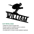 Skiing metal sign feature graphic showing a skier silhouette and cut metal sign details