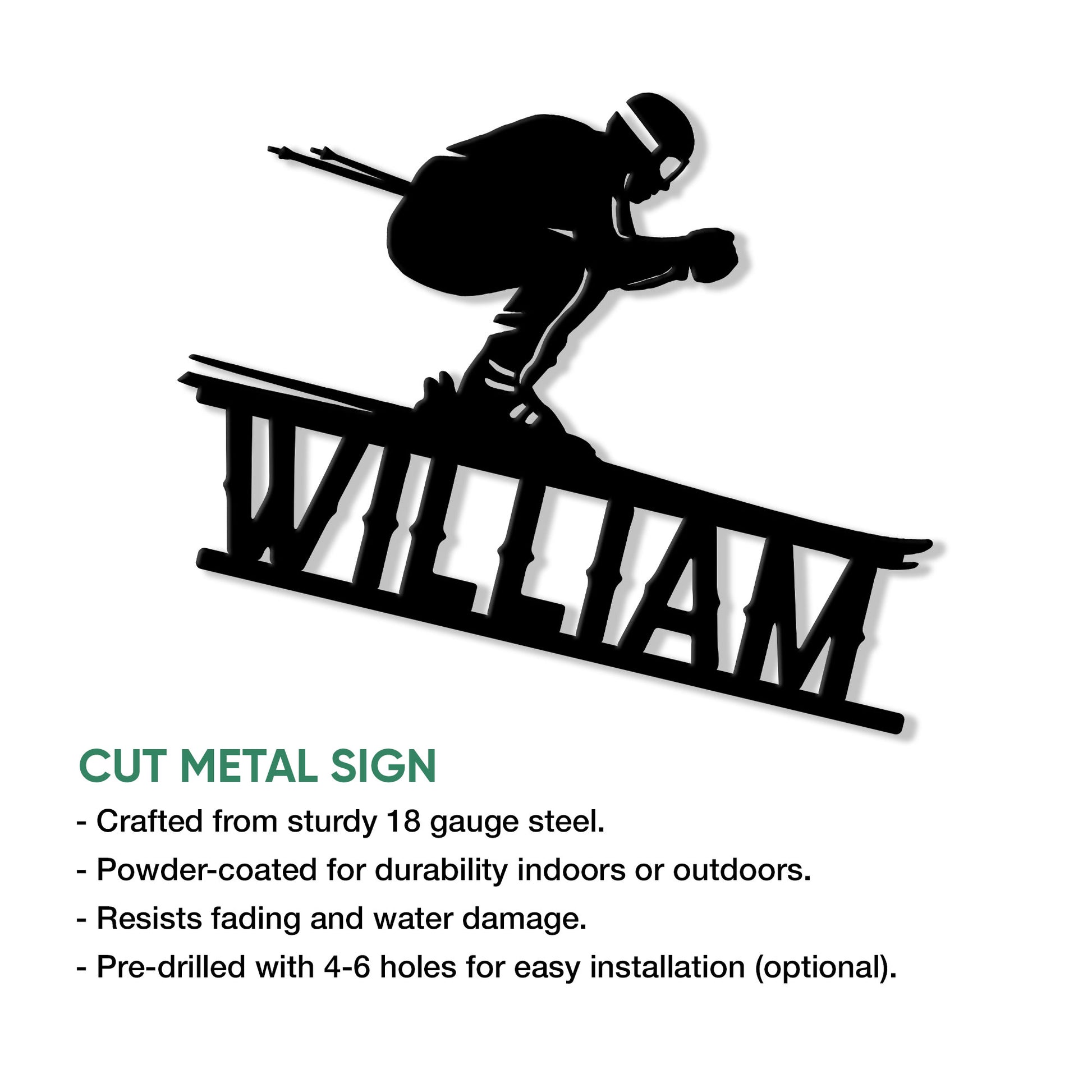 Skiing metal sign feature graphic showing a skier silhouette and cut metal sign details